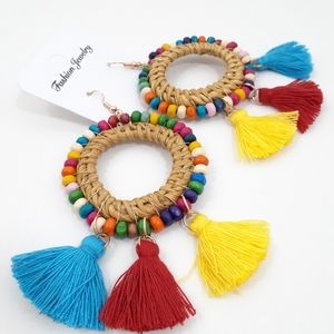 (NEW) MULTICOLORS Tassel Earrings with Wood